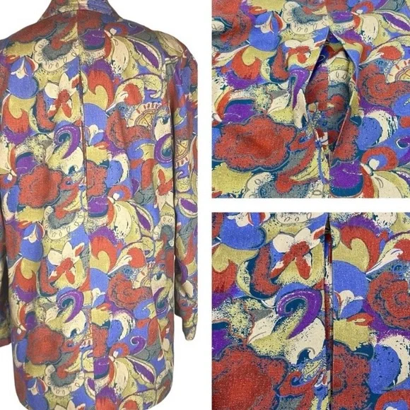 Vintage La Fleur Raw Silk Abstract Floral Blazer Sz M - Picture 9 of 12